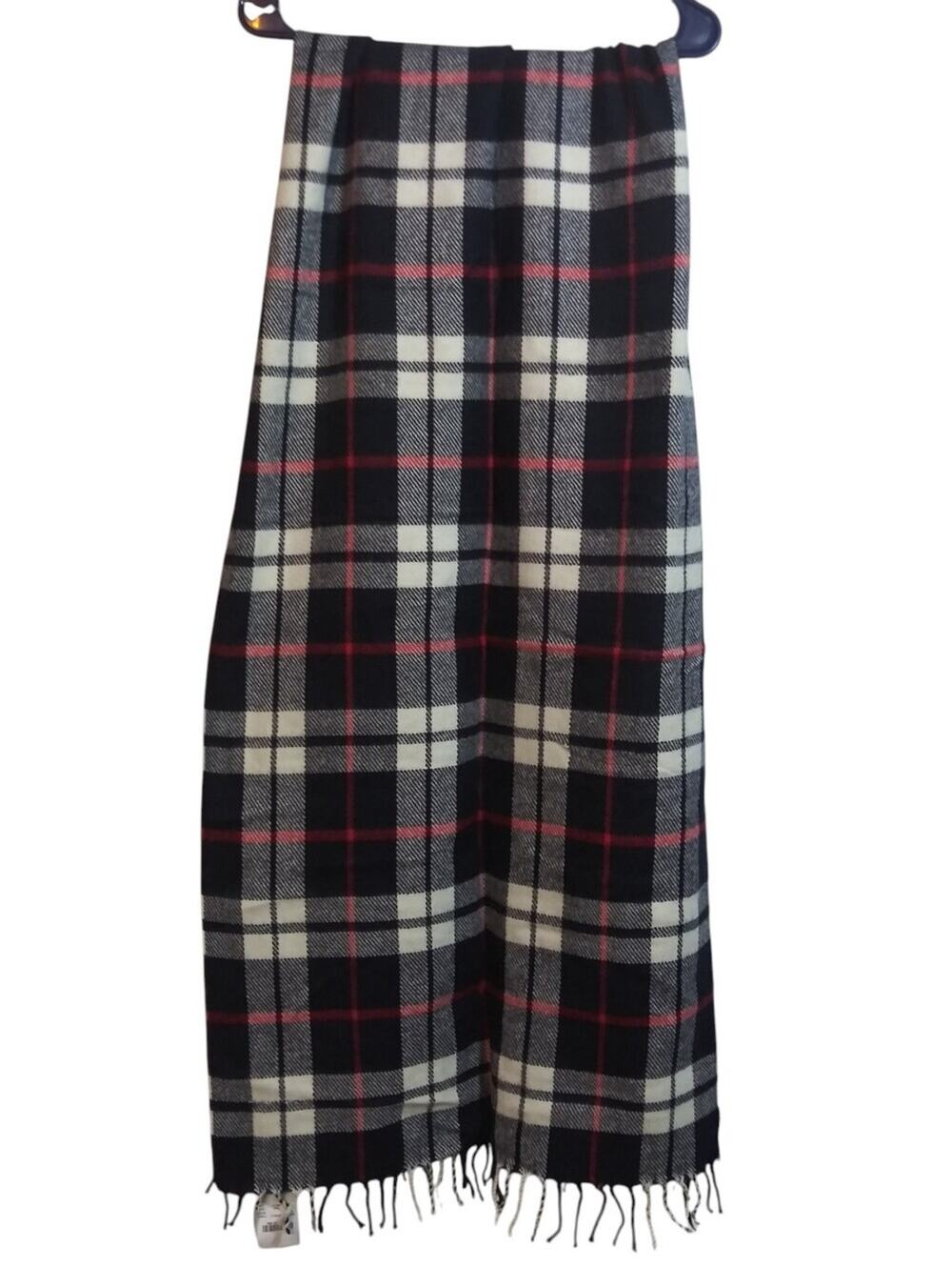 J.Crew Navy Red White Plaid Fringe Soft Wide Scarf